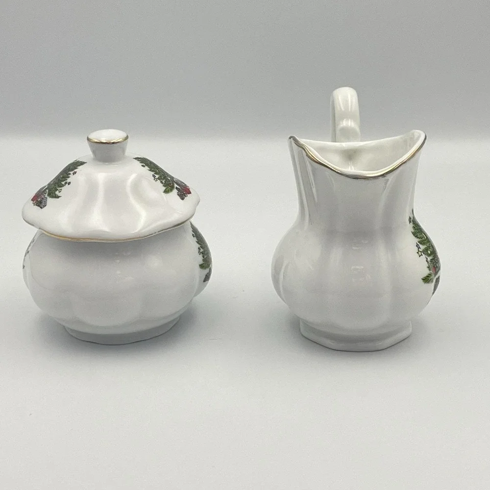 Vintage 1980s‎ Christmas Tree Creamer & Sugar Set Taiwan Porcelain Gold Trim